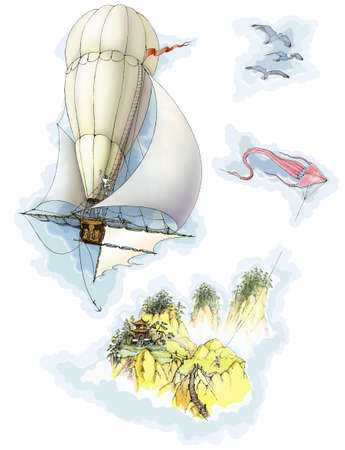 The card devoted to air travel and fantastic mountains. Raster illustrationの写真素材