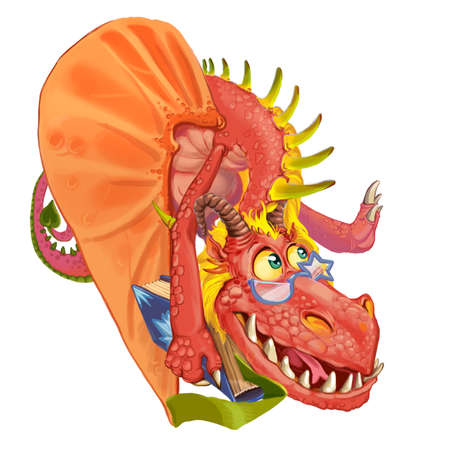 Cartoon teacher dragon with the book in paws and magic points. Raster illustrationの写真素材