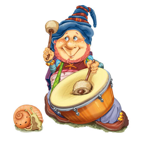The fantastic elf and little snail execute march on a drum. Invitation card for a holiday or birthday. Raster illustrationの写真素材