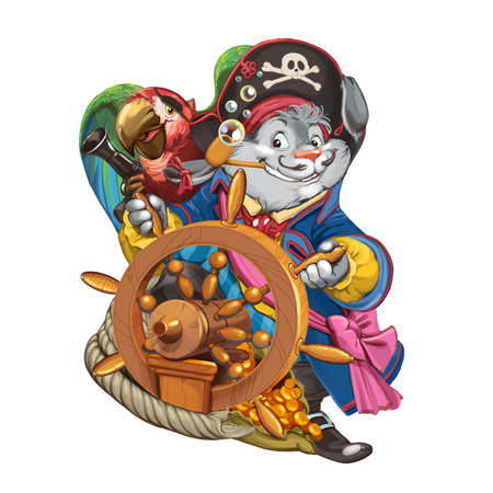 The cartoon hare the pirate in a camisole stands behind a ship steering wheel with the assistant a parrot. Invitation card for a holiday or birthday. Raster illustration.の写真素材