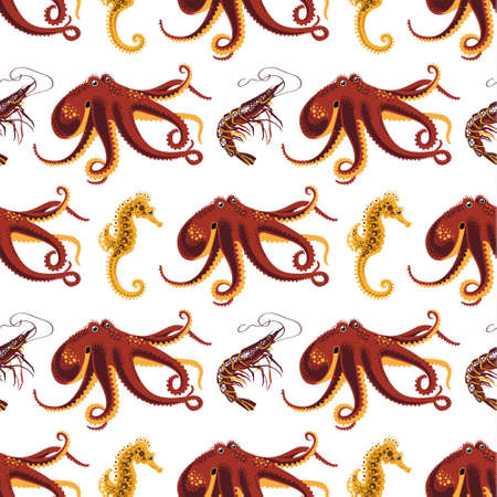 Seamless pattern on a theme of animals oceans and seas.Vector illustrationのイラスト素材