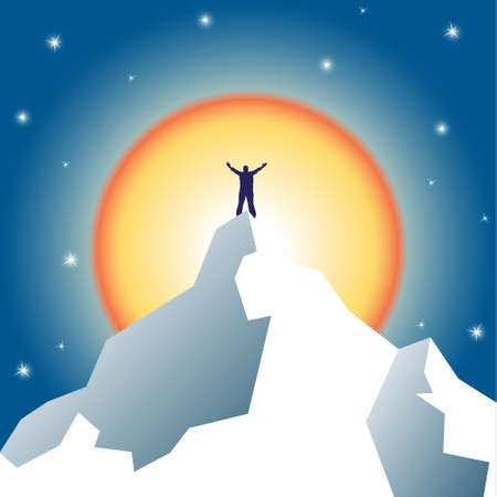 Businessman holding on top of mountain. Winner and leader concept. Vector illustrationのイラスト素材
