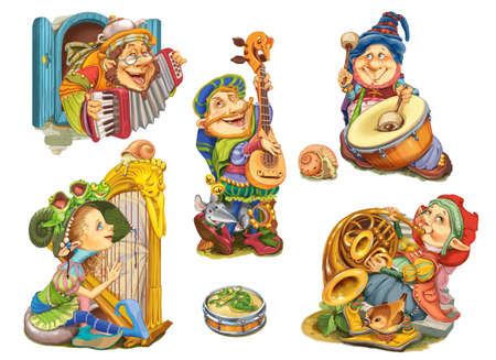 Set elves playing musical instruments.Characters design for invitations or greeting cards. Raster illustrationの写真素材