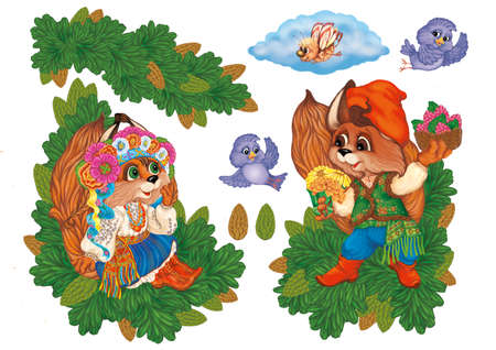 Squirrel is going to a friend with the present.Characters design for invitations or greeting cards. Raster illustrationの写真素材