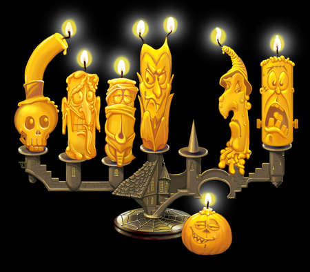 Candlestick on Halloween in the form of the palace, candles and pumpkin with characters. Raster illustrationの写真素材