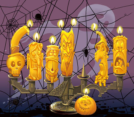 Halloween card with a candlestick in the form of the palace and a candle with characters.Pumpkin and a web with spiders.Raster illustrationの写真素材