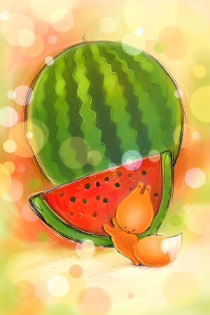 Vintage card on which little squirrels and watermelon.  Raster illustration.の写真素材