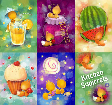 Set of cards with small squirrels in the kitchen. Characters design for invitations or greeting cards. Raster illustrationの写真素材