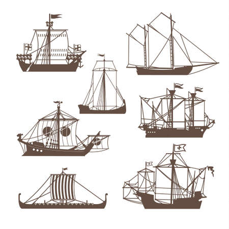 Set of vintage sailing ships. Vector illustration isolated on whiteのイラスト素材