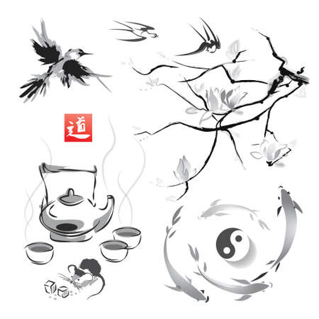 The branch of magnolia in the traditional Japanese style of sumi-e, tea ceremony and swallows, Japanese carp and yin yang.Vector illustration. Hieroglyph " way".のイラスト素材