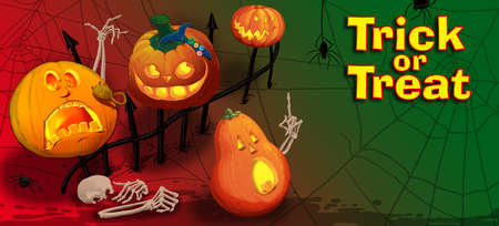 Invitation card with Halloween pumpkins.Trick or treat.  Raster illustration. Horizontal  broadsheetの写真素材