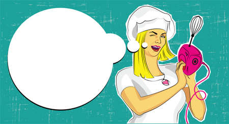 Vector Pop Art  Woman With Mixer for Cooking and Speech Bubble. Blank restaurant menuのイラスト素材