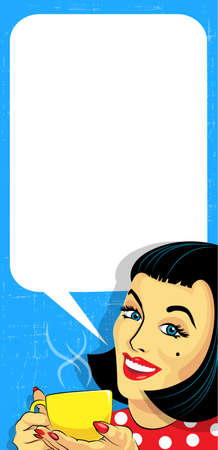 Vector Pop Art Woman With Cup of Coffee and Speech Bubbleのイラスト素材