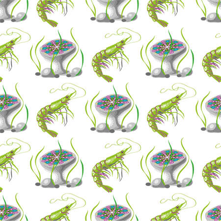 Seamless pattern with tropical  shrimp and jellyfish. Vector  illustrationのイラスト素材
