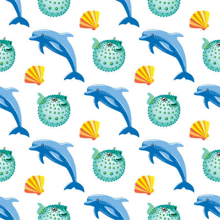 Seamless pattern with tropical  dolphin and fish ball coral. Vector  illustrationのイラスト素材