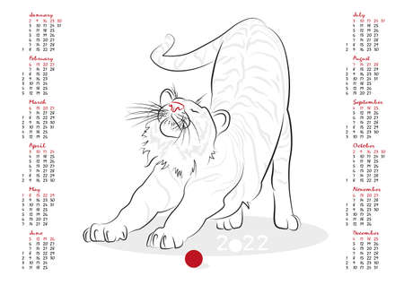 Calendar 2022 in vector isolated on white background.  The Year of the Tiger. Week starts from sunday.のイラスト素材