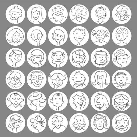 Set of hand drawn cartoon avatars people faces with expressions. Vector  illustrationのイラスト素材