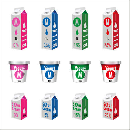 Packages of different kinds of dairy products. Vector illustrationのイラスト素材