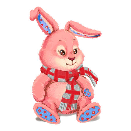 Toy plush pink bunny wearing a scarf.の写真素材