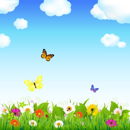 Flower Meadow With Butterflies, Vector Illustration

のイラスト素材