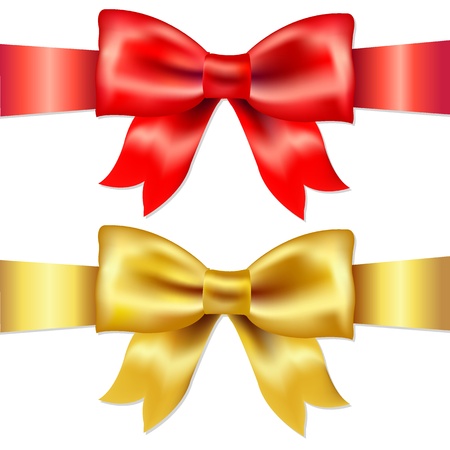 2 Ribbons, Red And Gold Gift Satin Bow, Isolated On White Background, Vector Illustrationのイラスト素材