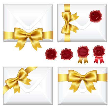 Set Of Envelopes With Golden Bow And Wax Seals, Isolated On White Background, Vector Illustration
のイラスト素材
