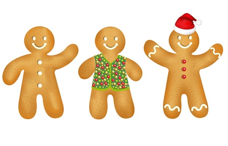 3 Gingerbread Mans With Gradient Mesh, Isolated On White Background, Vector Illustrationのイラスト素材