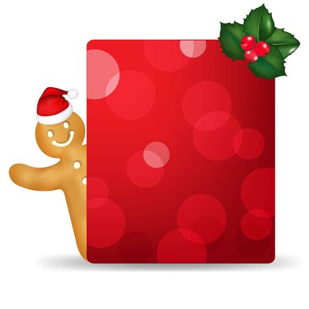 Gingerbread Man With Santa Hat And Blank Gift Tag And Holly Berry With Gradient Meshのイラスト素材