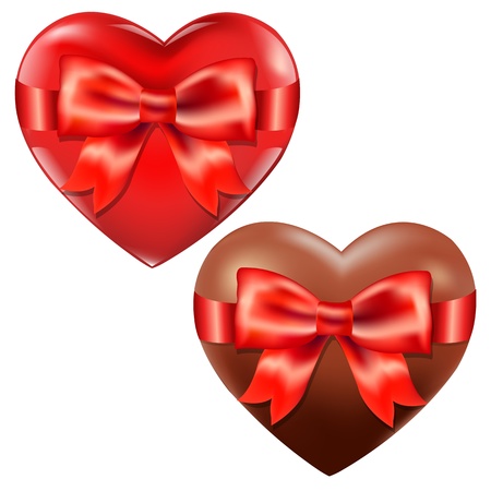 2 Hearts With Red Bow With Gradient Mesh, Isolated On White Background, Vector Illustrationのイラスト素材