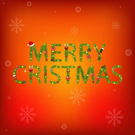Merry Christmas Text And Christmas Tree Decorations, With Gradient Mesh, Vector Illustrationのイラスト素材