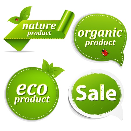 4 Green Set Eco Tags With Gradient Mesh, Isolated On White Background, Vector Illustrationのイラスト素材
