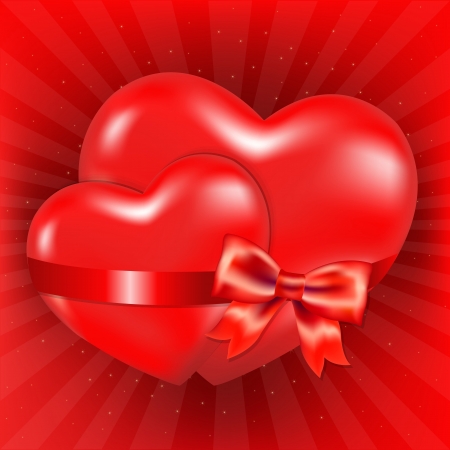 2 Red Hearts With Red Bow And Sunburst With Gradient Mesh, Vector Illustrationのイラスト素材
