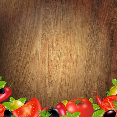 Wood Background With Vegetables With Gradient Mesh, Vector Illustrationのイラスト素材