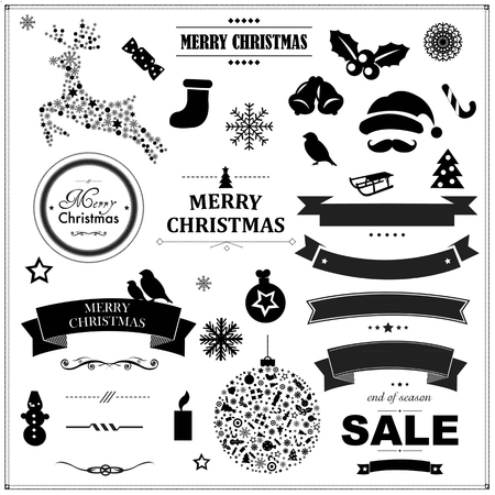 Set Of Vintage Black Christmas Symbols And Ribbons, With Gradient Mesh, Vector Illustrationのイラスト素材