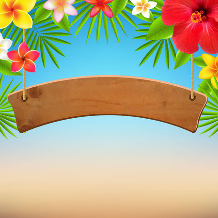 Wooden Sign With Tropical Flowers, With Gradient Mesh, Vector Illustrationのイラスト素材