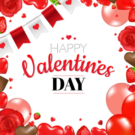 Happy Valentines Day Border With Hearts And Ribbon With Gradient Mesh, Vector Illustrationのイラスト素材