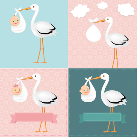 Stork With Baby Set With Gradient Mesh, Vector Illustrationのイラスト素材