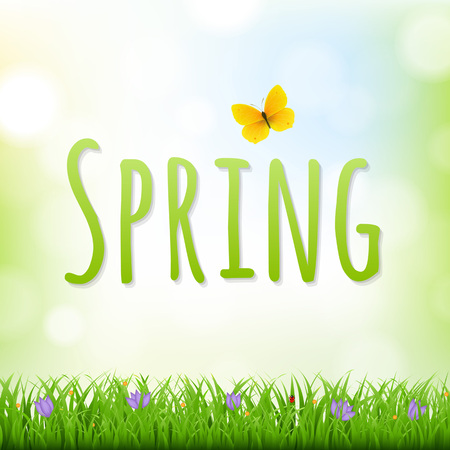 Spring Nature Background With Grass Border And Flowers With Gradient Mesh, Vector Illustrationのイラスト素材