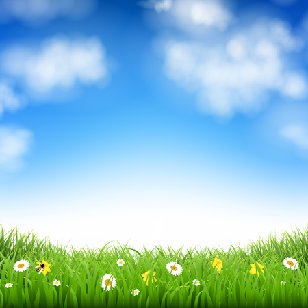 Nature Background With Grass And Clouds With Gradient Mesh, Vector Illustrationのイラスト素材