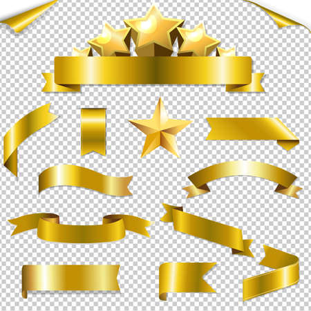Set Golden Ribbons And Stars, With Gradient Mesh, Vector Illustrationのイラスト素材