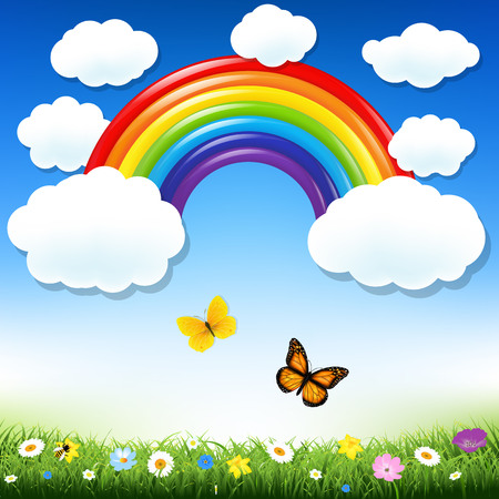 Rainbow And Grass Gradient Mesh, Vector Illustrationのイラスト素材