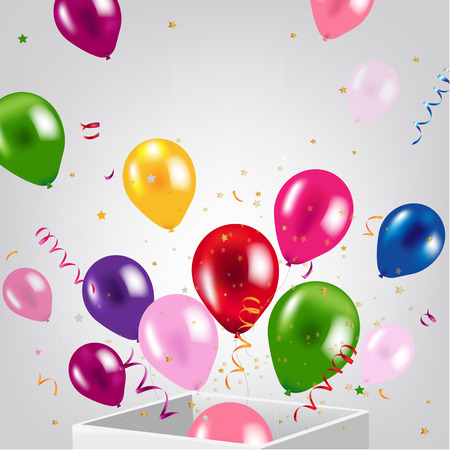 Birthday Card With Box And Balloons With Gradient Mesh, Vector Illustrationのイラスト素材
