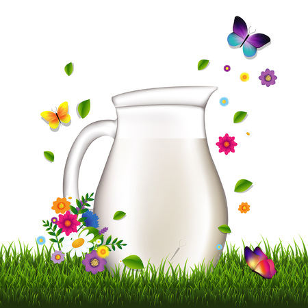 Jug With Milk And Grass And Flowers White Background With Gradient Mesh, Vector Illustrationのイラスト素材