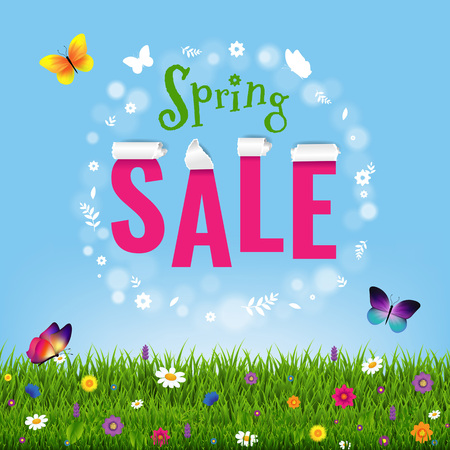 Spring Poster Grass And Flowers With Gradient Mesh, Vector Illustrationのイラスト素材