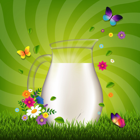 Jug With Milk And Grass With Gradient Mesh, Vector Illustrationのイラスト素材