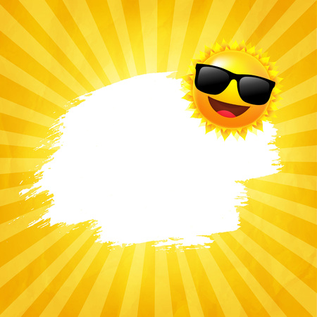Yellow Sunburst Background With Sun With Sunglasses With Gradient Mesh, Vector Illustrationのイラスト素材