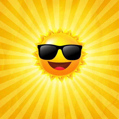 Yellow Sunburst Background With Sun With Sunglasses With Gradient Mesh, Vector Illustrationのイラスト素材