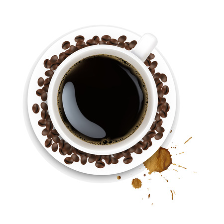 Cup With Coffee And Plate And Coffee Grain And Blots With Gradient Mesh, Vector Illustrationのイラスト素材