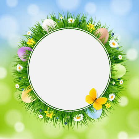 Easter Card With Grass And Eggs With Gradient Mesh, Vector Illustrationのイラスト素材
