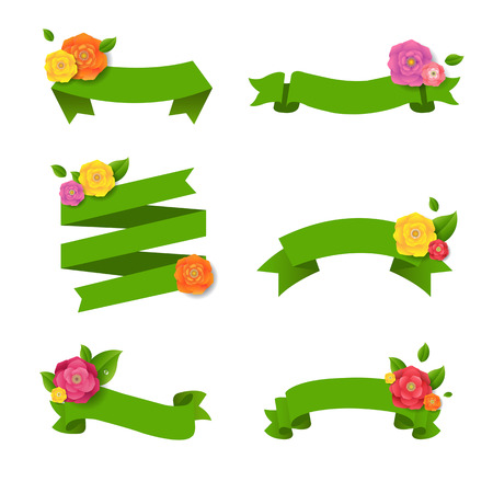 Green Web Ribbon With Flowers Big Set, Vector Illustrationのイラスト素材